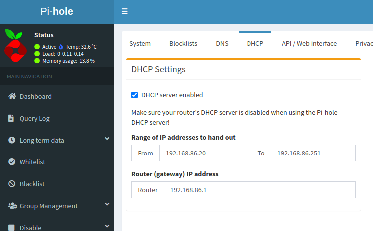 Enabling the DHCP server on the Pi-hole